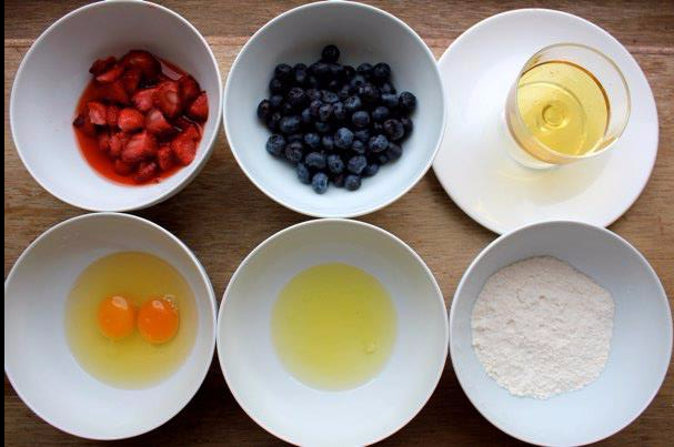 Ingredients for honey cloud pancakes by Things We Make: fresh fruit, honey, eggs, milk and flour.